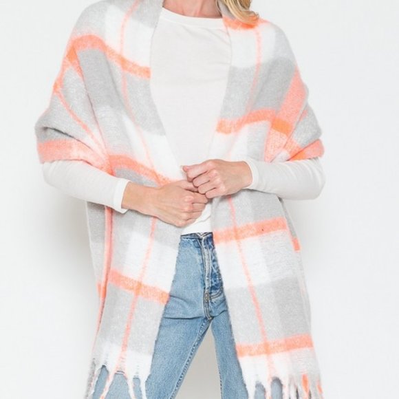 Gray, Orange & Ivory Plaid Scarf with Whimsical Fringe - Picture 4 of 8